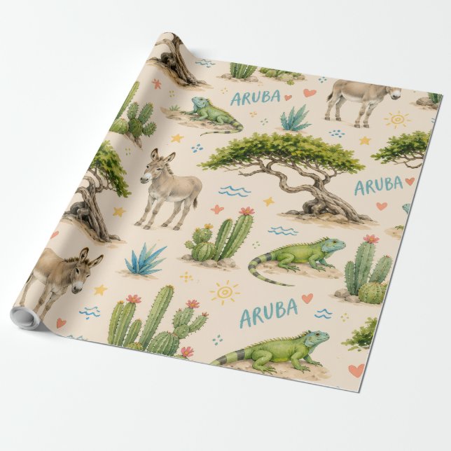 Papier Cadeau Arbre divi d'Aruba, âne, iguane, cactus (Déroulé)