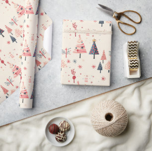 Papier Cadeau Arbre rose, rouge, bleu, Art de vacances festif