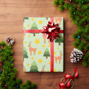 Papier Cadeau Arbre vert et étoiles des rennes de Noël magiques