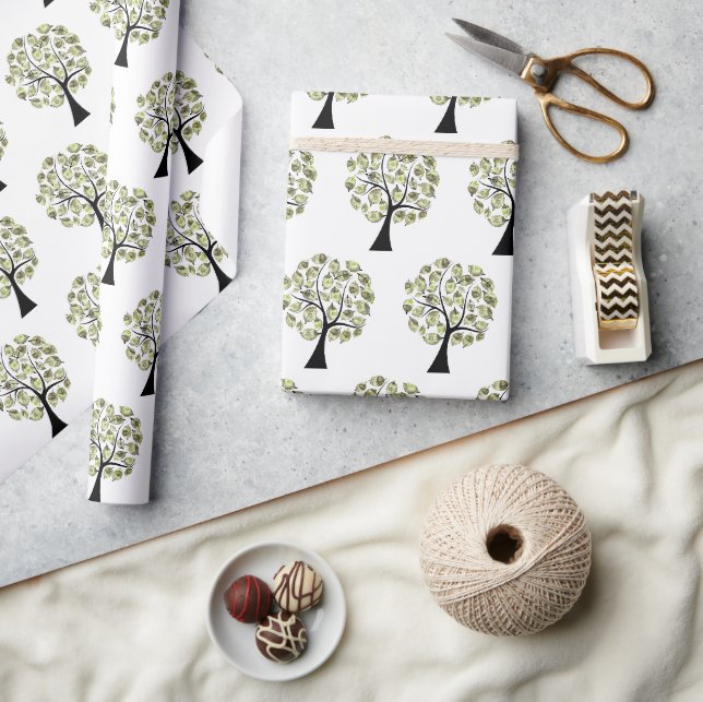 Papier Cadeau Arbres à argent sur fond blanc (Artisanat)