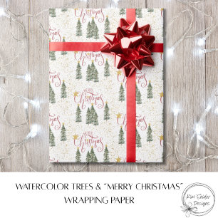 Papier Cadeau Arbres à l'aquarelle et Joyeux Noël