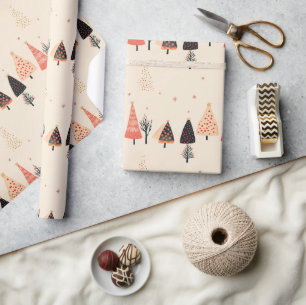Papier Cadeau Arbres à pois noirs et pêche avec flocons de neige