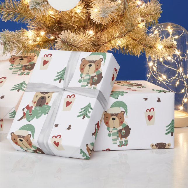 Papier Cadeau Arbres adorables | Noël ourson (Vacances)