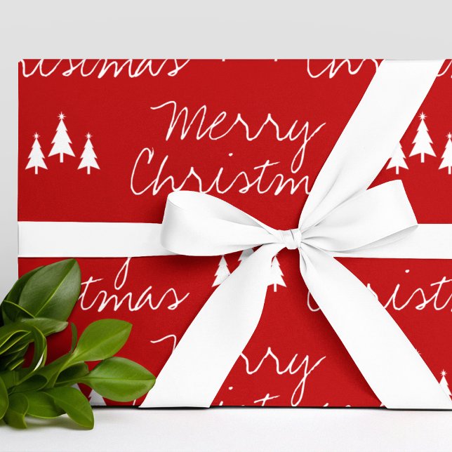 Papier Cadeau Arbres blancs rouges modernes Motif Joyeux Noël (Modern Red White Trees Pattern Merry Christmas Wrapping Paper
)
