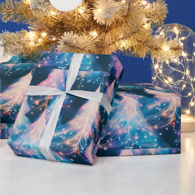 Papier Cadeau Arbres Blancs Violets Bleus Noël Moderne (Vacances)