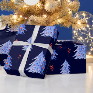Papier Cadeau Arbres bleus de glace d'hiver Baies de houx marine