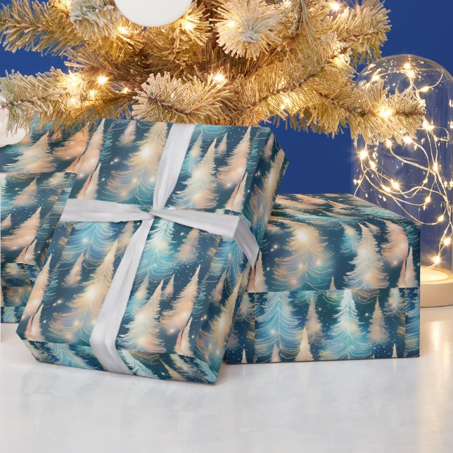 Papier Cadeau Arbres Bleus et Blancs Noël moderne (Vacances)