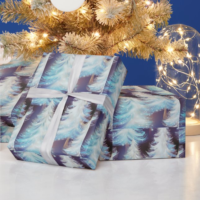 Papier Cadeau Arbres bleus et blancs Noël moderne (Vacances)