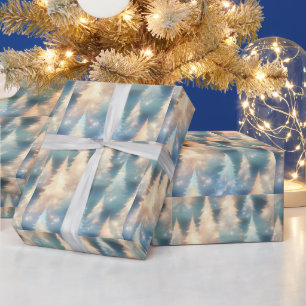 Papier Cadeau Arbres bleus et blancs Noël moderne