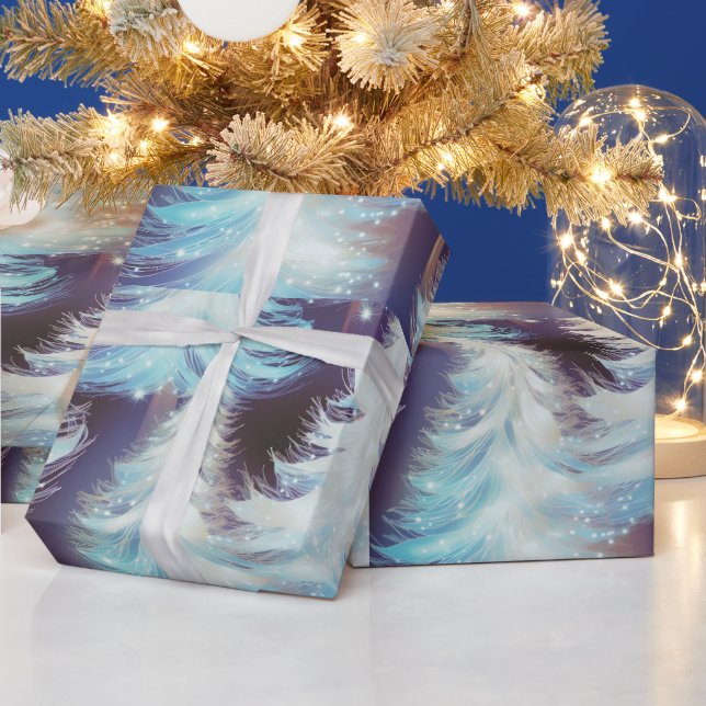 Papier Cadeau Arbres Bleus et Blancs Noël moderne (Vacances)