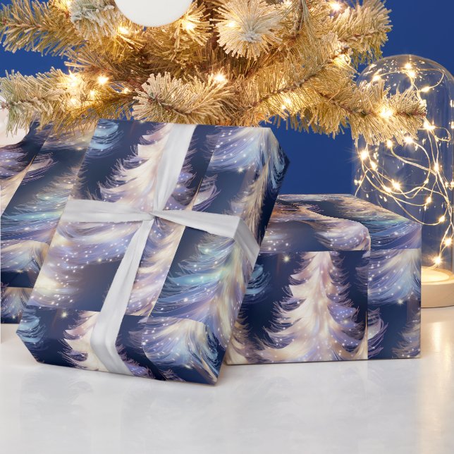Papier Cadeau Arbres bleus et blancs Noël moderne (Vacances)