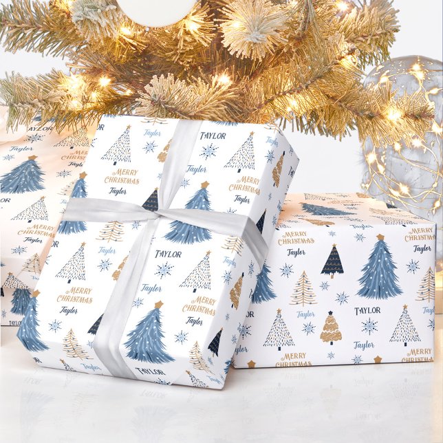Papier Cadeau Arbres Bleus Moderne Nom de Noël Texte (Blue Trees Modern Christmas Blue Name Text Wrapping Paper)