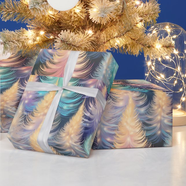 Papier Cadeau Arbres Bleus Verts Or Noël Moderne (Vacances)