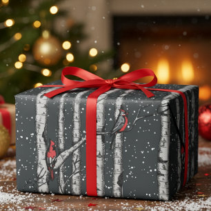 Papier Cadeau Arbres de bouleau enneigés Cardinal noir d'hiver m