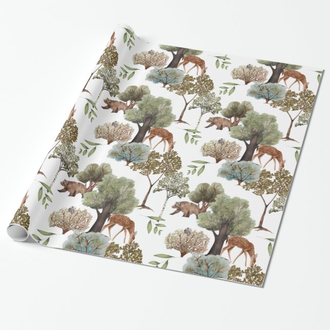 Papier Cadeau Arbres de forêt Cerfs Ours Oiseaux (Déroulé)