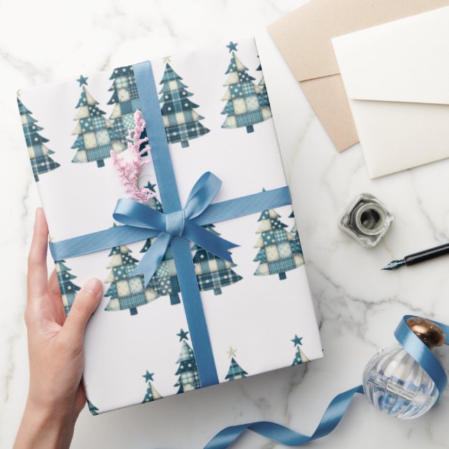 Papier Cadeau Arbres de Noël À damiers bleu (Cadeaux)