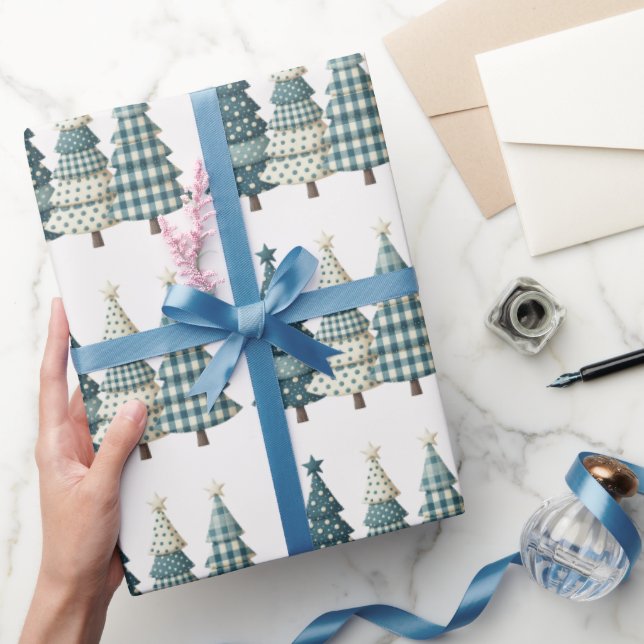 Papier Cadeau Arbres de Noël À damiers bleu (Cadeaux)