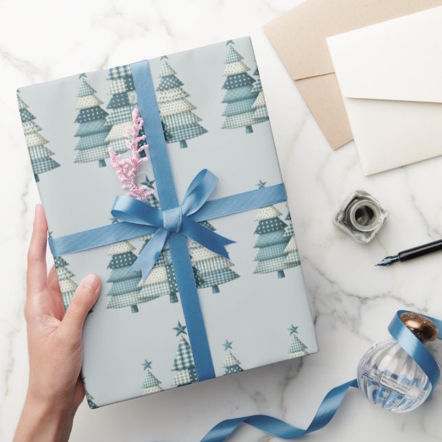 Papier Cadeau Arbres de Noël À damiers bleu (Cadeaux)