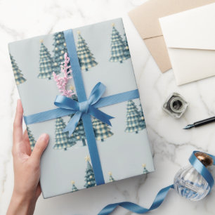 Papier Cadeau Arbres de Noël À damiers bleu