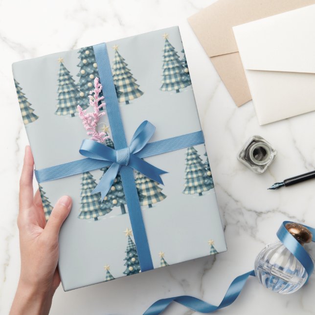 Papier Cadeau Arbres de Noël À damiers bleu (Cadeaux)