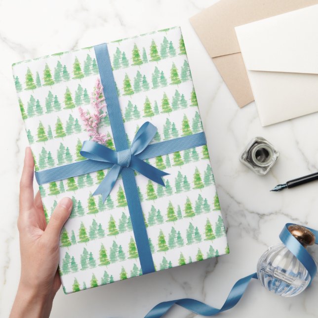 Papier Cadeau Arbres de Noël à l'aquarelle vert blanc (Cadeaux)