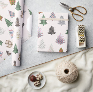 Papier Cadeau Arbres de Noël à motifs plaid blanc