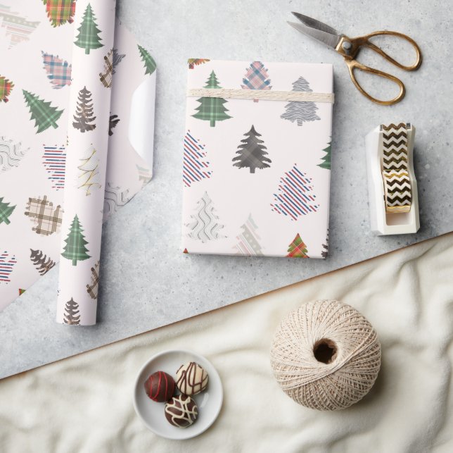 Papier Cadeau Arbres de Noël à motifs plaid blanc (Artisanat)