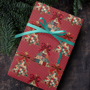 Papier Cadeau Arbres de Noël à pois rouges patchwork Coquette