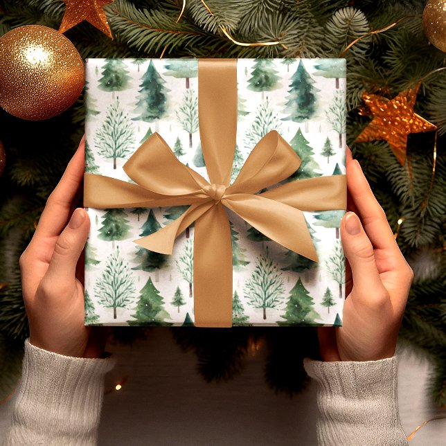 Papier Cadeau Arbres de Noël Aquarelle Motif Vacances vertes (Créateur téléchargé)