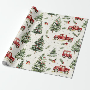 Papier Cadeau Arbres de Noël avec vieux camions rouges