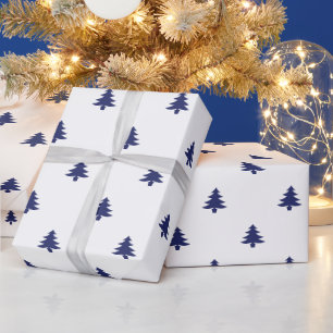 Papier Cadeau Arbres de Noël blanc et bleu minimaliste simple
