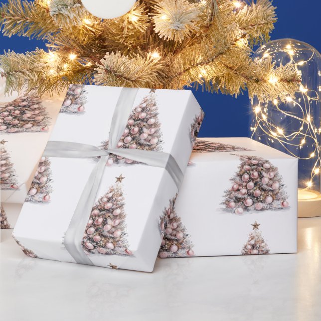 Papier Cadeau Arbres de Noël blanc rose pâle (Vacances)