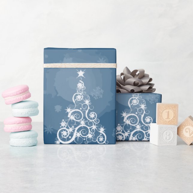 Papier Cadeau Arbres de Noël blancs Bleu moderne (Baby Shower)