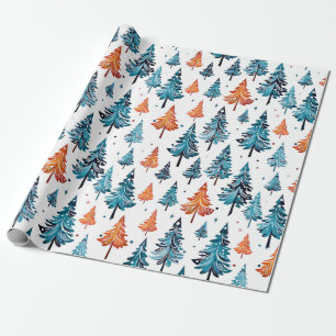 Papier Cadeau Arbres de Noël bleu et orange
