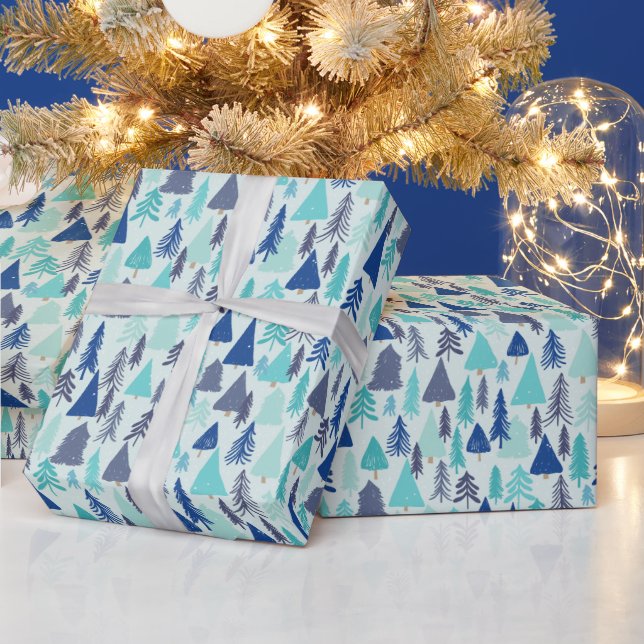 Papier Cadeau Arbres de Noël bleus dans une forêt À feuillage pe (Vacances)