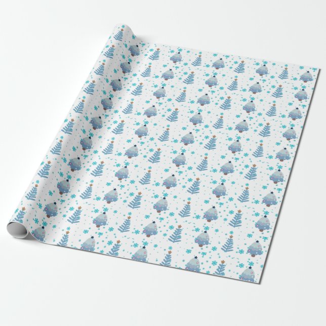 Papier Cadeau Arbres de Noël bleus et neige (Déroulé)