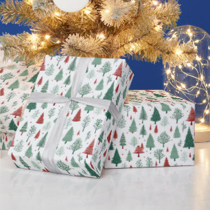 Papier Cadeau Arbres de Noël Bohème Rouge Vert Vacances
