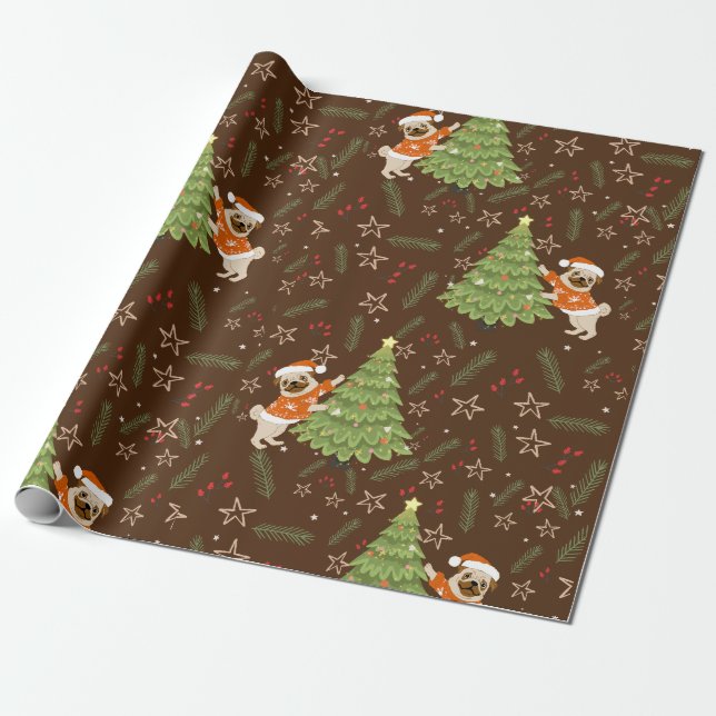 Papier Cadeau Arbres de Noël &carlin chien motif personnalisé ar (Déroulé)