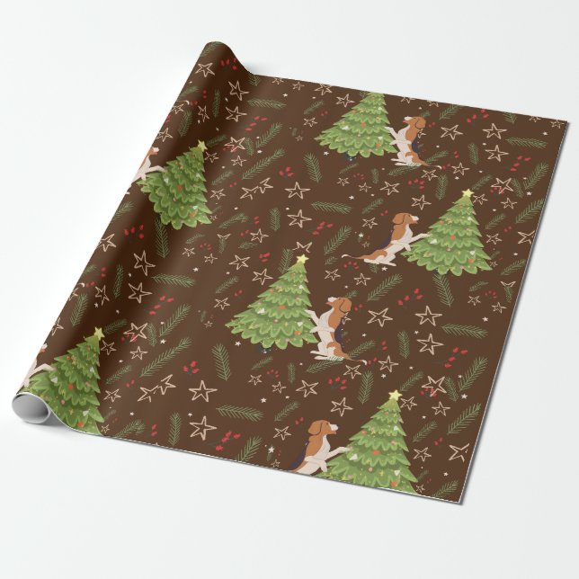 Papier Cadeau Arbres de Noël & Chien Beagle motif personnalisé (Déroulé)