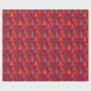 Papier Cadeau Arbres de Noël Colorés Xmas Rouge
