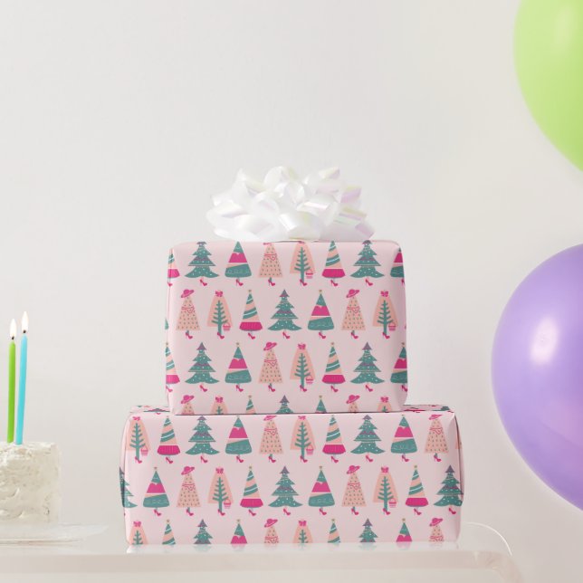 Papier Cadeau Arbres de Noël de filles roses et irrésistibles (Cadeaux de fête)