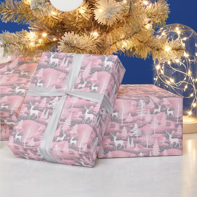 Papier Cadeau Arbres de Noël de rennes gris rose blanc Noël (Vacances)