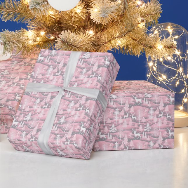 Papier Cadeau Arbres de Noël de rennes gris rose blanc Noël (Vacances)