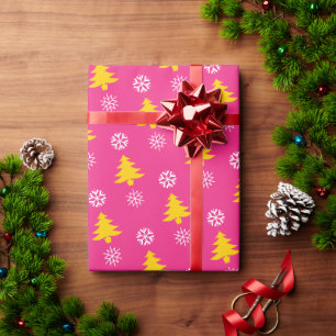Papier Cadeau Arbres de Noël d'or et Flacons de neige blanche, F