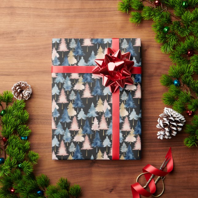 Papier Cadeau Arbres de Noël élégants modernes pêche noir (Cadeau de vacances)