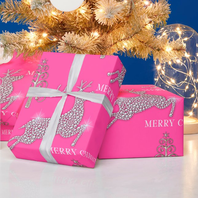 Papier Cadeau Arbres De Noël En Diamant Et En Argent Rose (Créateur téléchargé)