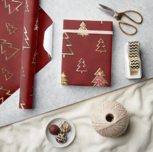 Papier Cadeau Arbres de Noël en métal faux rouge et or pour les 