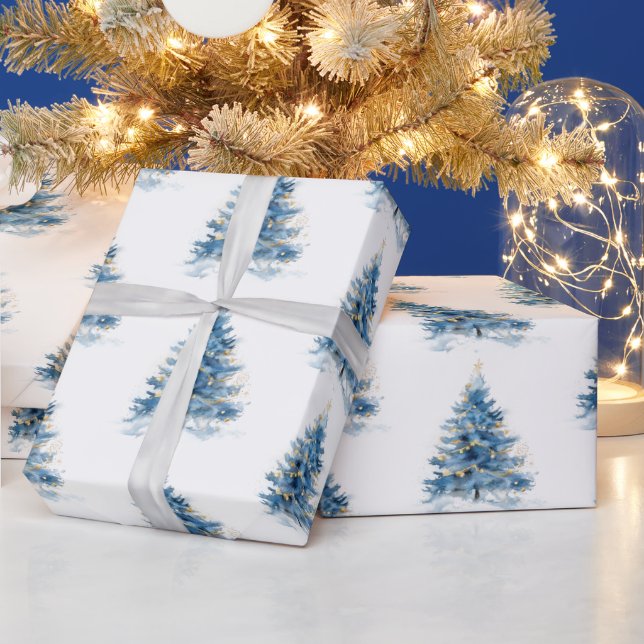 Papier Cadeau Arbres de Noël en or bleu (Vacances)
