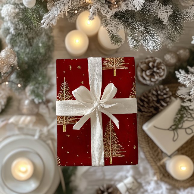 Papier Cadeau Arbres de Noël en or sur le rouge (Créateur téléchargé)