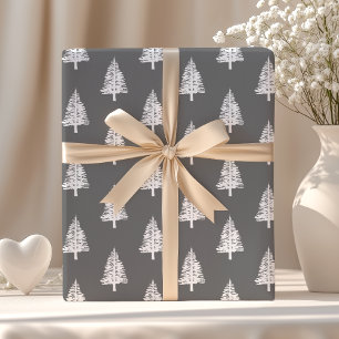 Papier Cadeau Arbres de Noël en pin gris et blanc